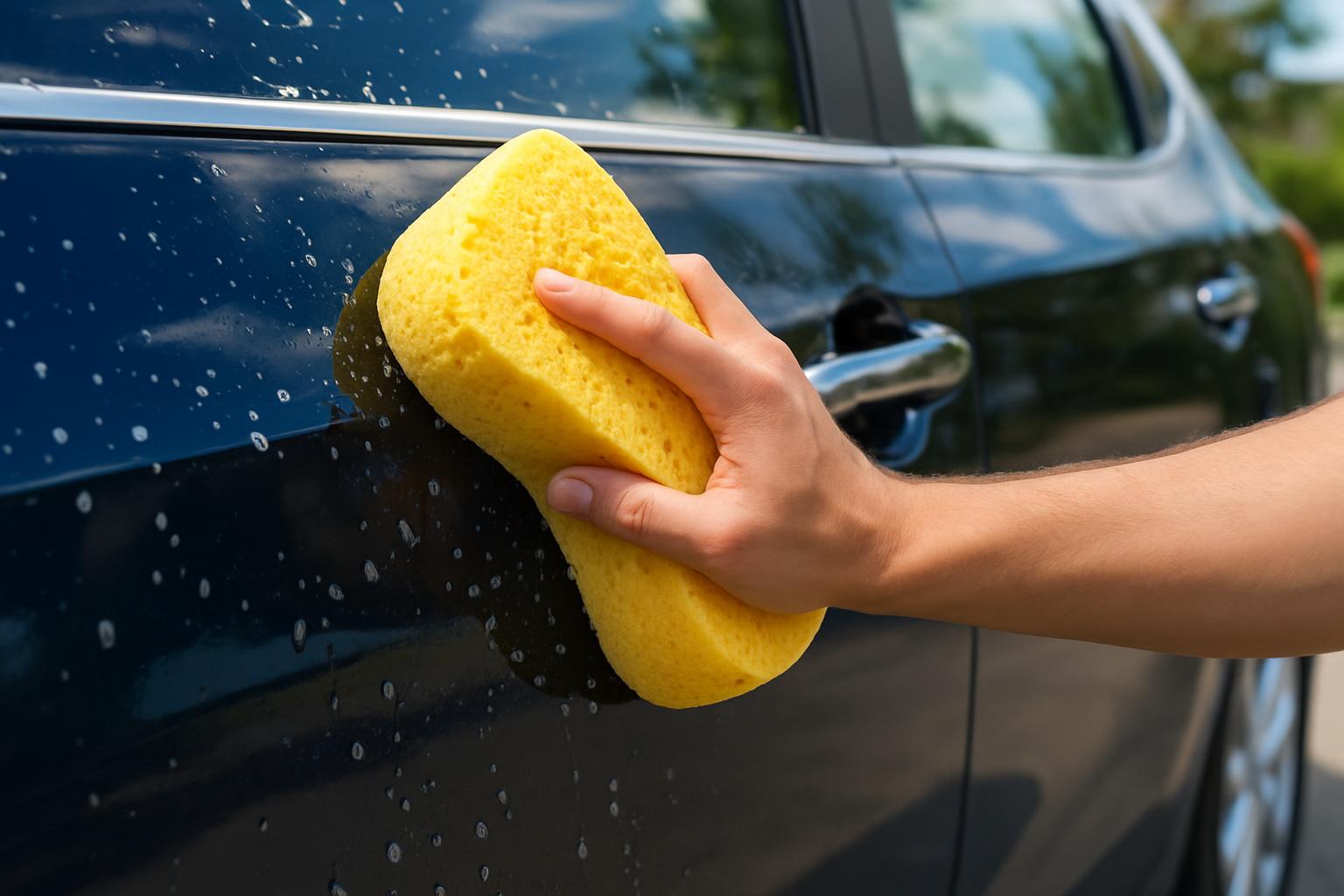 Water rinsing a freshly cleaned car exterior
